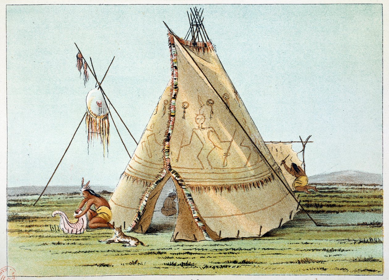 Tipi des Crows-Stammes mit Stachelschweinborsten verziert. Illustration von George Catlin von George Catlin
