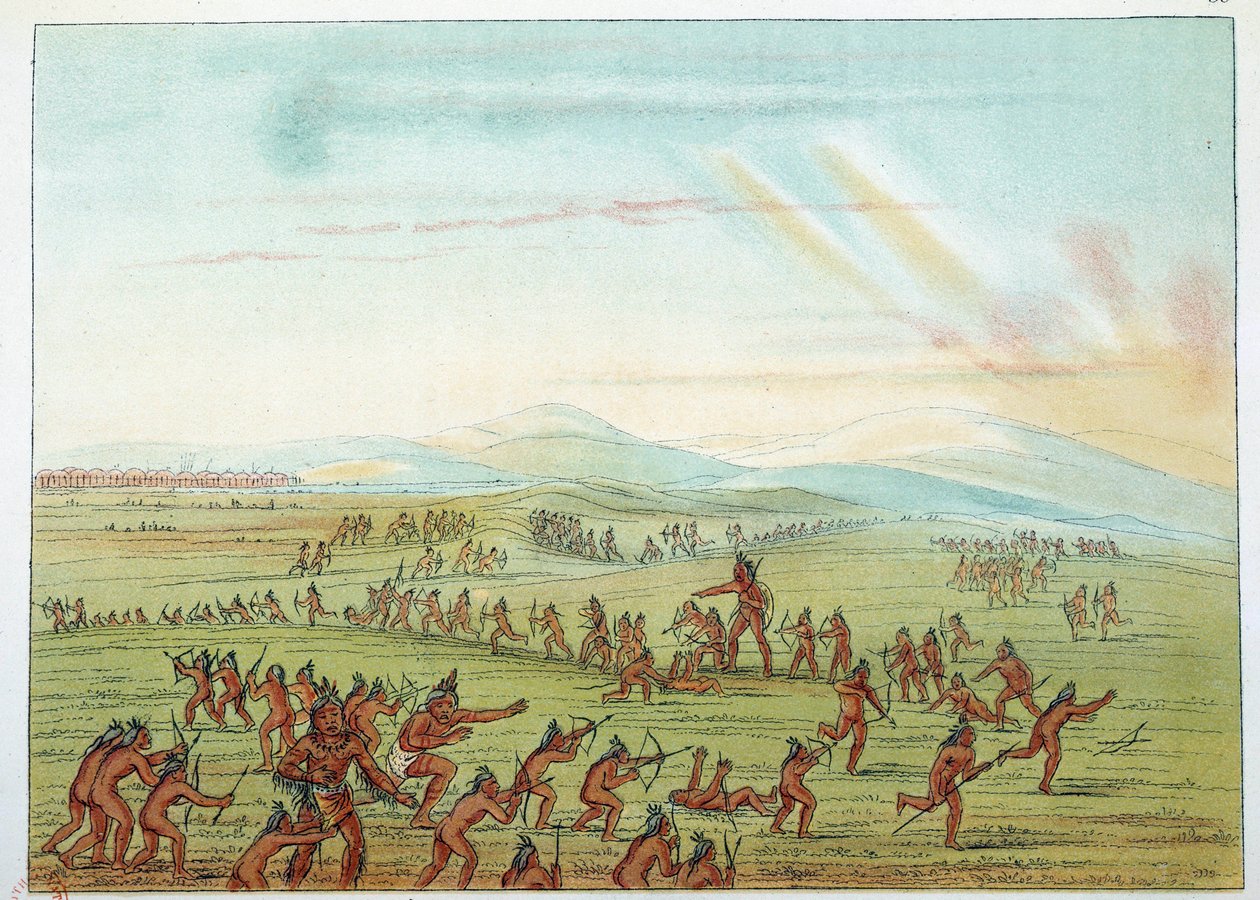Indianer Amerikas: Jagdunterricht für Mandan-Kinder zwischen 7 und 15 Jahren. Illustration von George Catlin von George Catlin