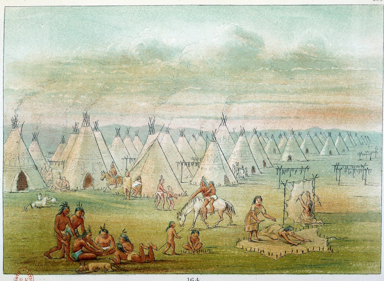Indianerdorf der Comanche, die Zelte sind aus Bisonhäuten. Illustration von George Catlin von George Catlin