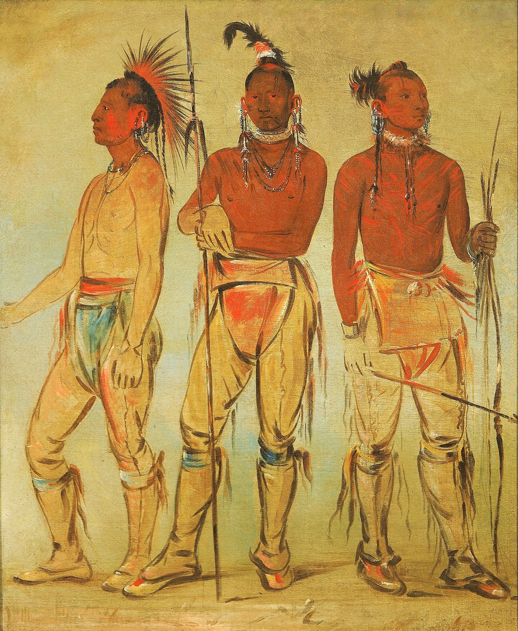 Mun-ne-pús-kee, Der, der keine Angst hat; Ko-ha-túnk-a, Großer Rabe; und Nah-cóm-ee-shee, Mann des Bettes, Drei junge Krieger von George Catlin