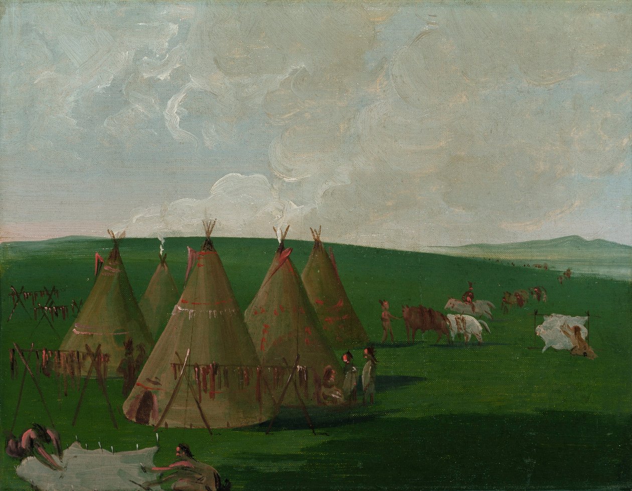 Sioux am oberen Missouri, Büffelfleisch und -felle verarbeitend von George Catlin