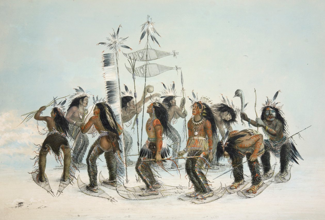 Der Schneeschuh-Tanz, veröffentlicht 1845, Farblithographie von George Catlin