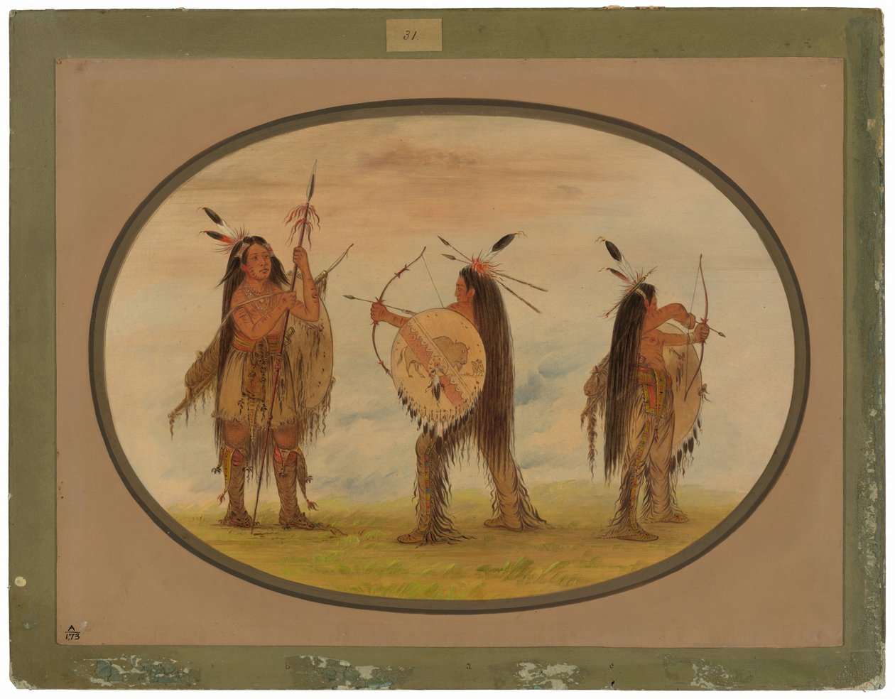 Drei Mandan-Krieger bewaffnet für den Krieg von George Catlin