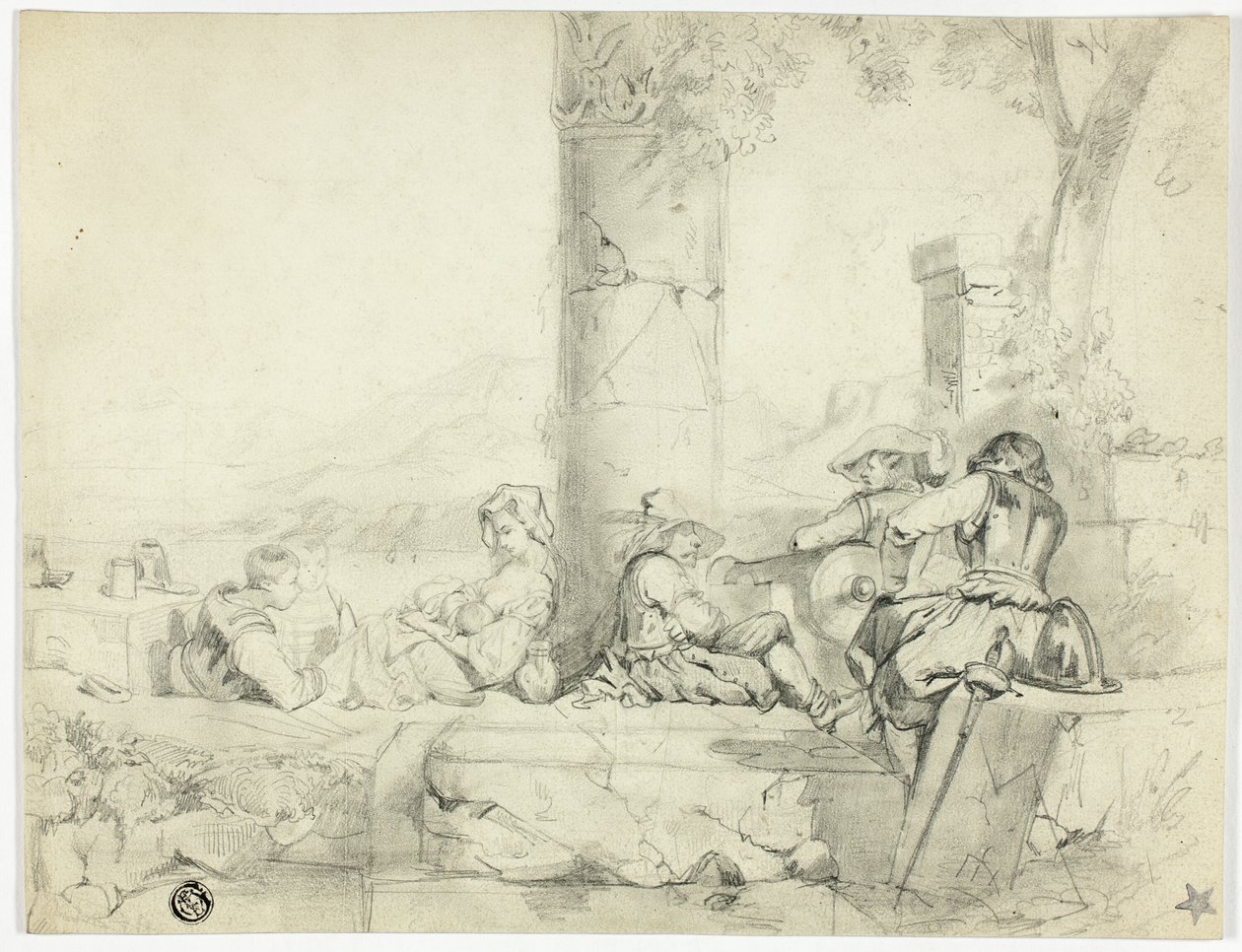 Kinder, Frau mit Säugling und drei Soldaten sitzen in Ruinen am See von George Cattermole