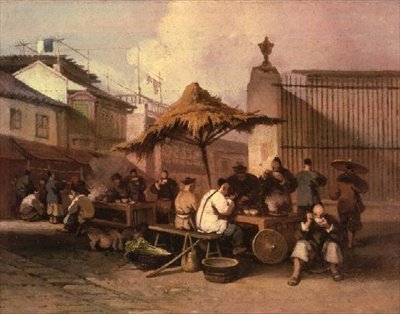 Eine Gruppe Chinesen isst vor der Kirche von San Domingo von George Chinnery