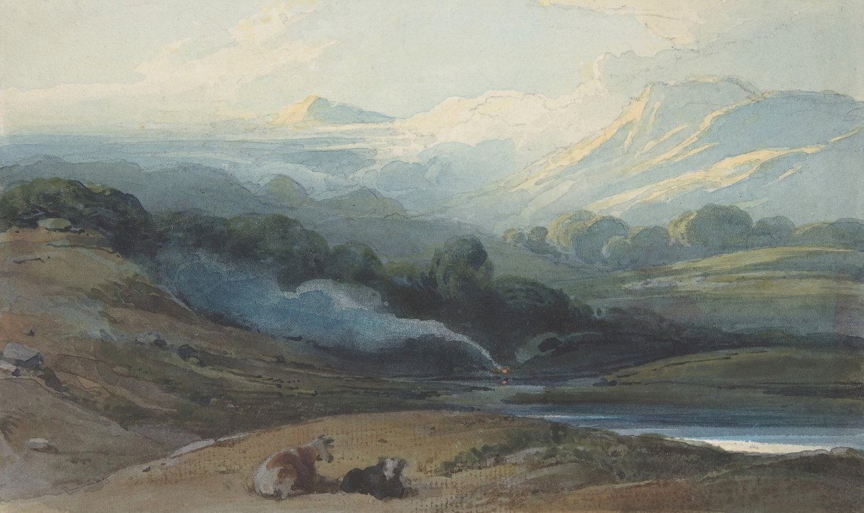Rinder ruhen in einer bergigen Landschaft von George Chinnery