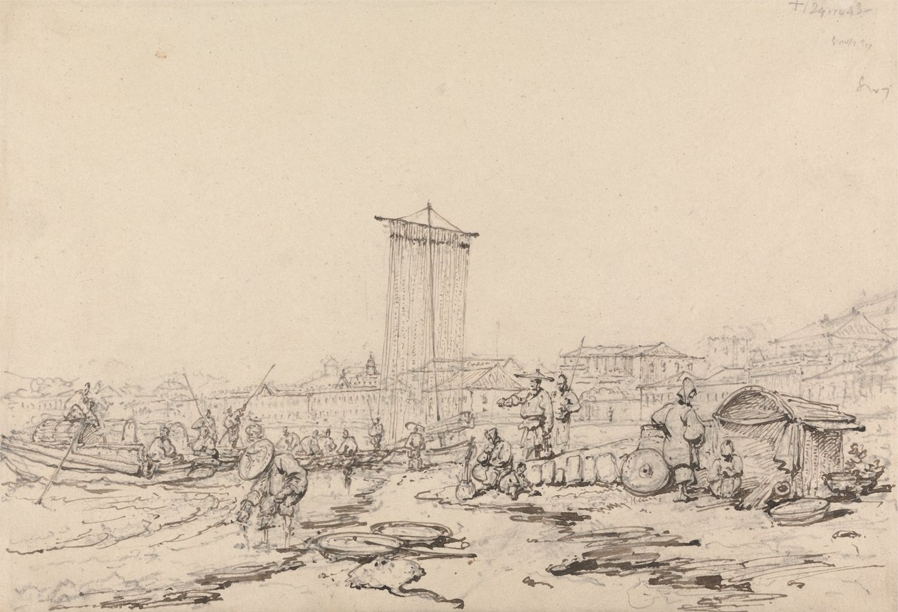 Küstenszene mit Fischern und Gebäuden, Macao von George Chinnery