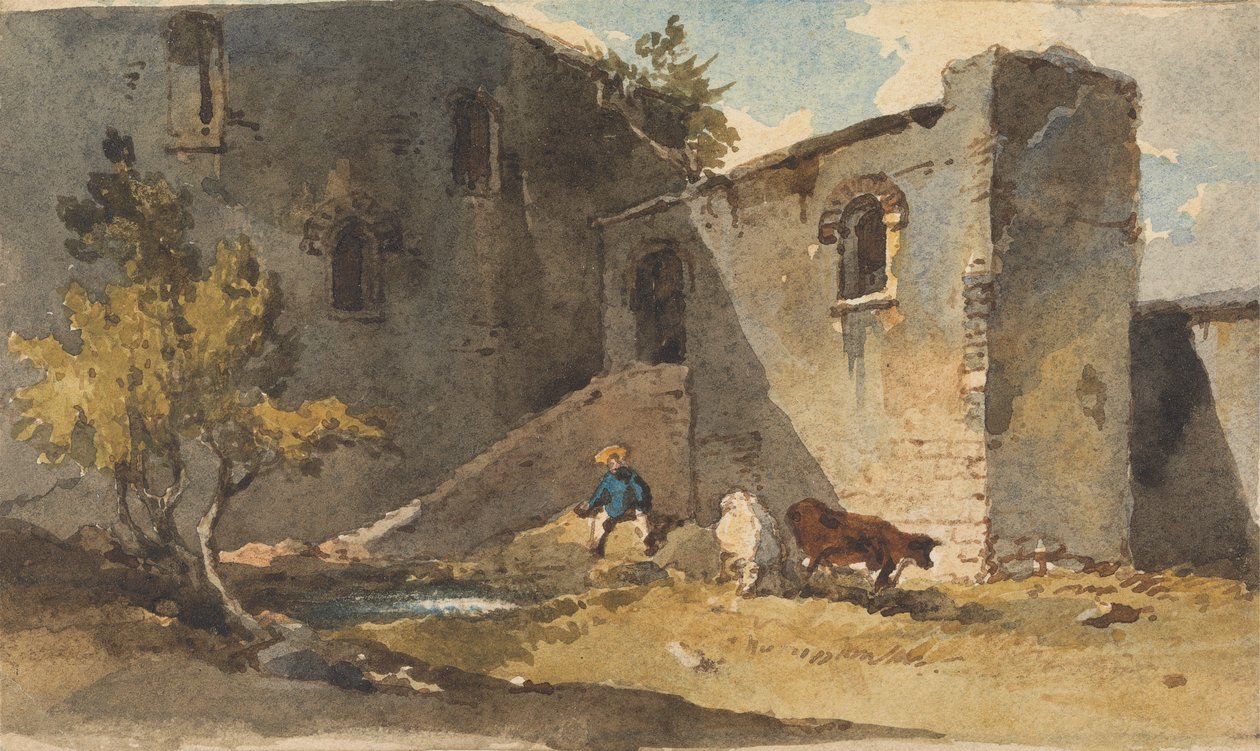 Figur mit Vieh im Schatten eines Gebäudes von George Chinnery