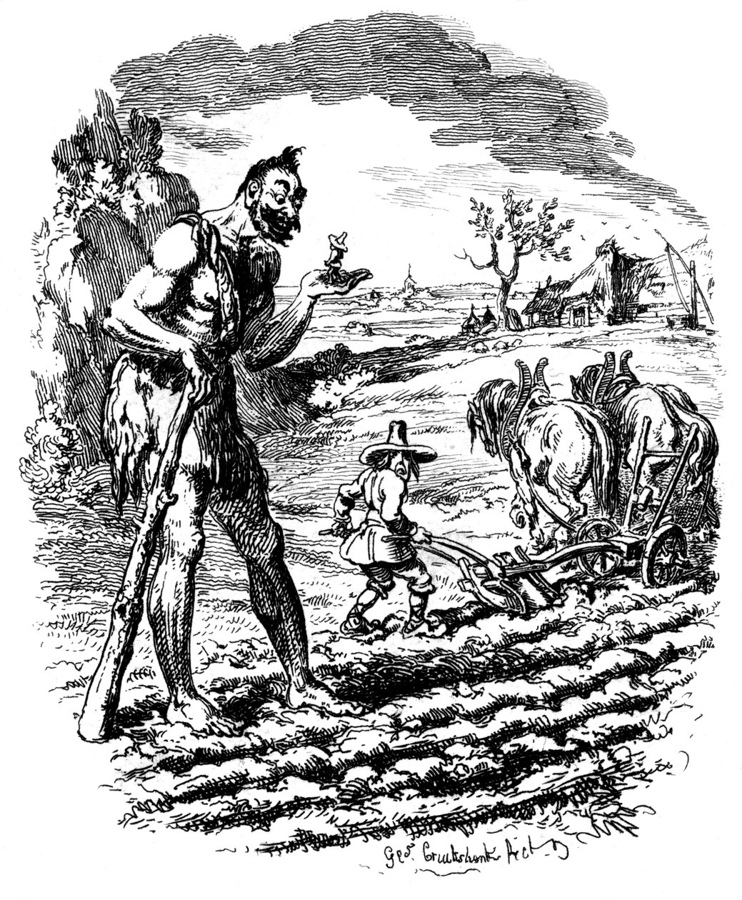 Ein Riese steht auf einem Feld, während ein Bauer pflügt, 19. Jahrhundert von George Cruikshank