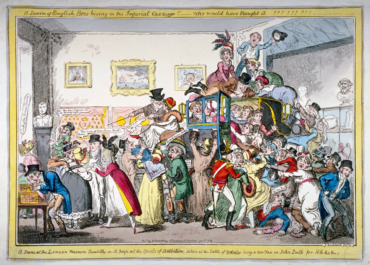 Ein Schwarm englischer Bienen im kaiserlichen Wagen!! eine Szene im Londoner Museum von George Cruikshank
