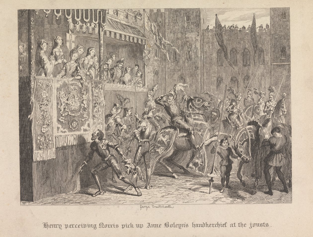 Henry bemerkt, wie Norris Ann Boleyns Taschentuch bei den Turnieren aufhebt von George Cruikshank