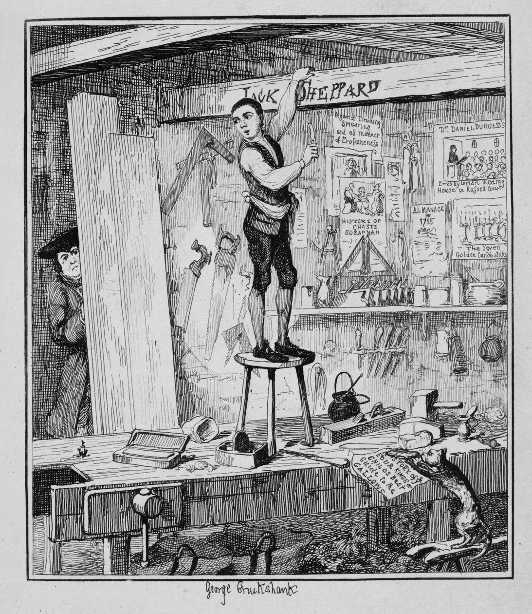 Jack ritzt seinen Namen in einen Balken im Laden seines ehemaligen Arbeitgebers, Illustration aus 
