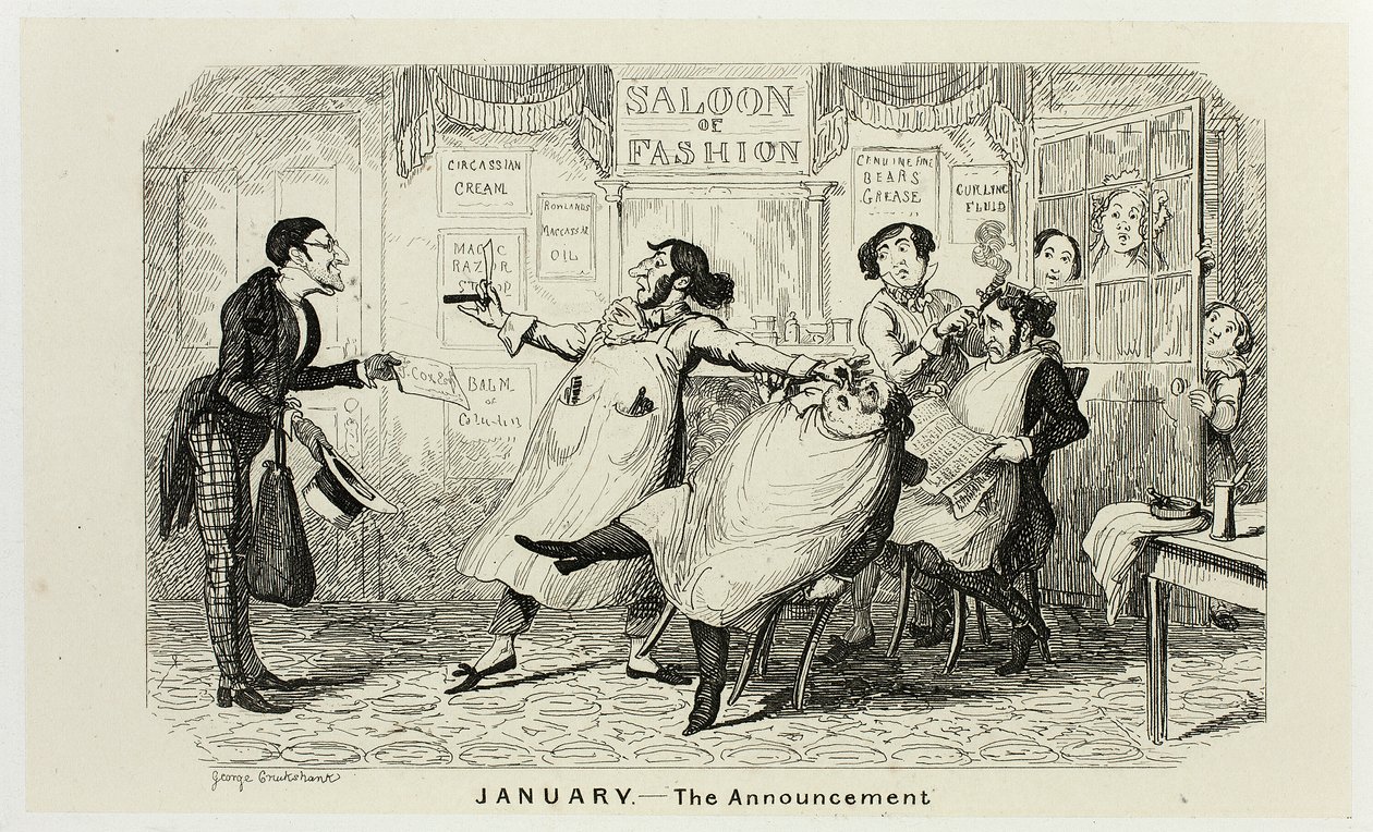 Januar - Die Ankündigung aus George Cruikshanks Stahlradierungen für The Comic Almanacks: 1835-1853 von George Cruikshank