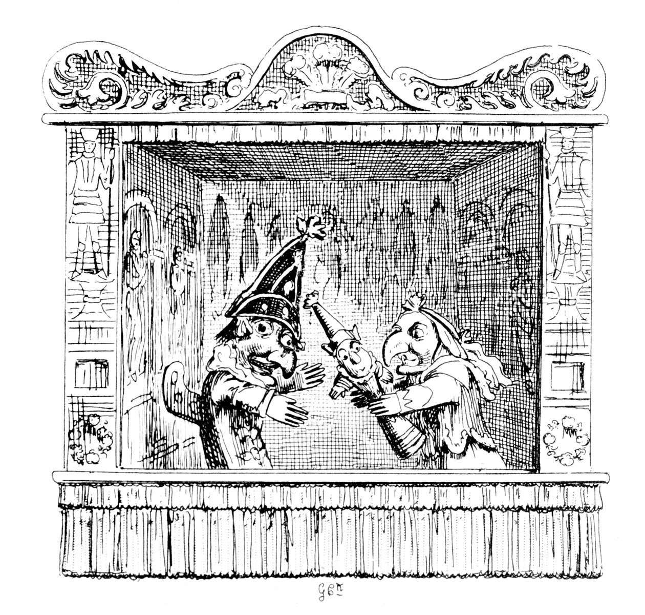 Judy drängt Mr. Punch, das Kind zu nehmen von George Cruikshank