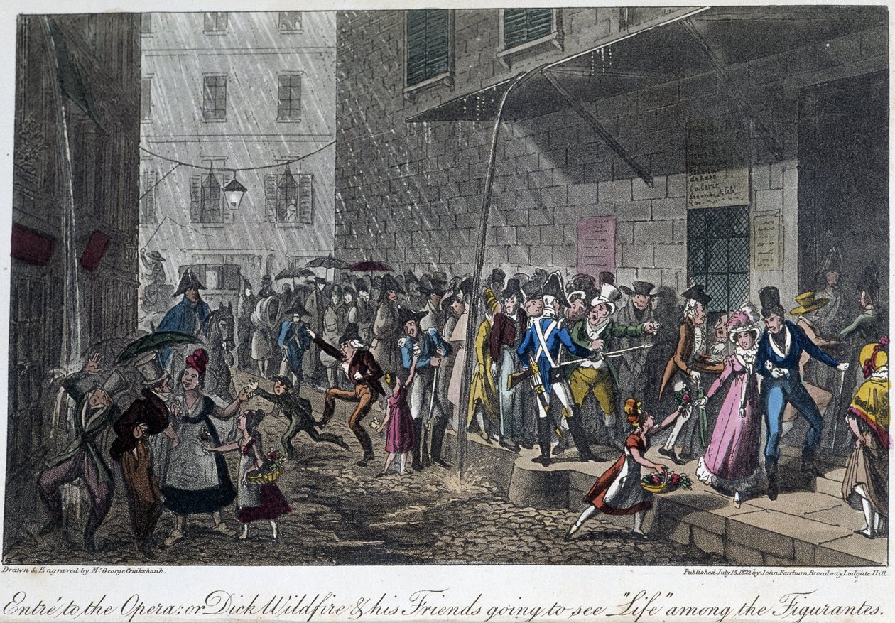 Der Eingang zur Oper in Paris - in „Life in Paris“ von David Carey, ill. von Georges Cruikshank, hrsg. von Faiburn, London von George Cruikshank