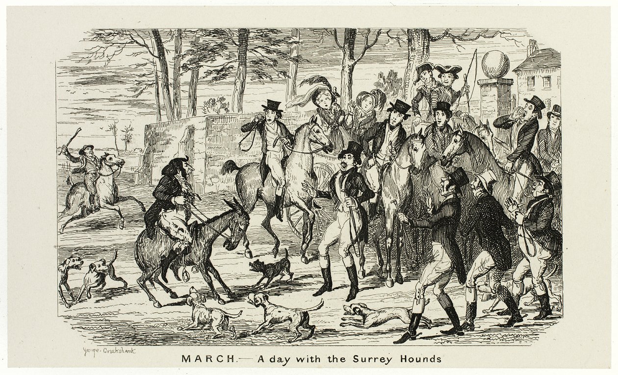 März - Ein Tag mit den Surrey-Hunden aus George Cruikshanks Stahlradierungen für The Comic Almanacks: 1835-1853 von George Cruikshank