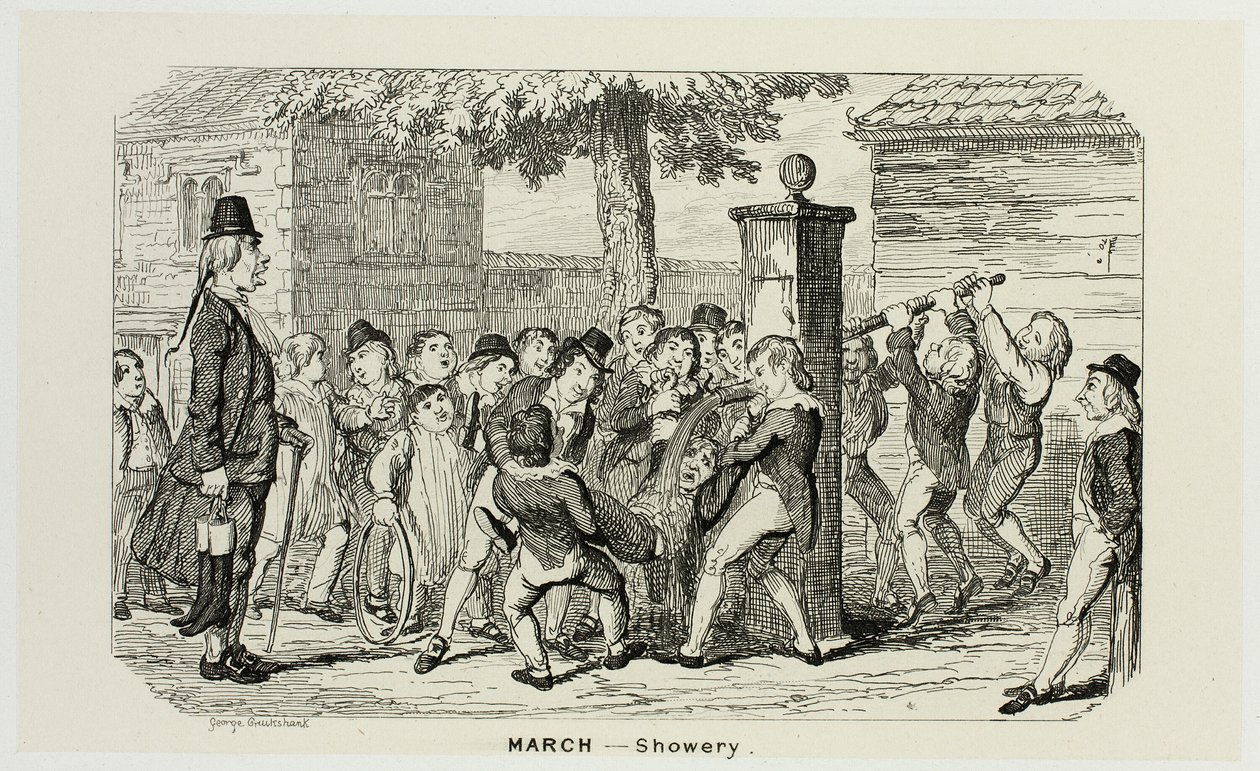 März - Regnerisch aus George Cruikshanks Stahlradierungen zu The Comic Almanacks: 1835-1853 von George Cruikshank