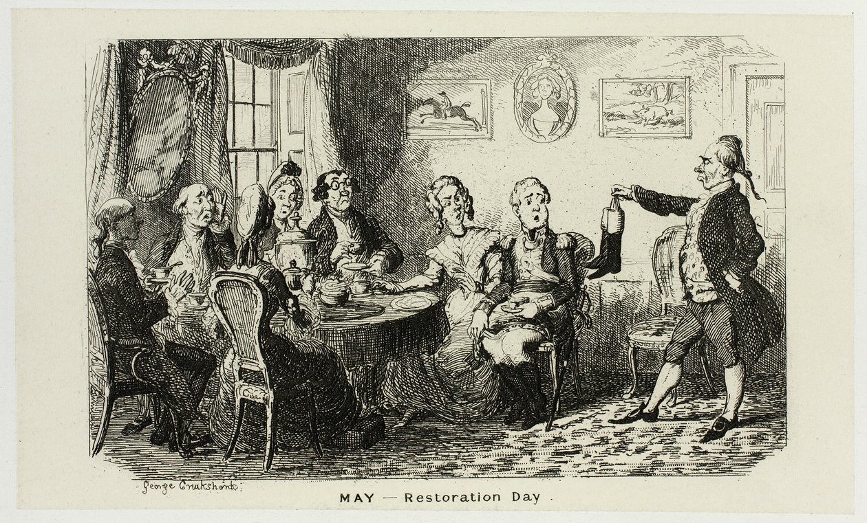 Mai - Tag der Wiederherstellung aus George Cruikshanks Stahlradierungen zu The Comic Almanacks: 1835-1853 von George Cruikshank