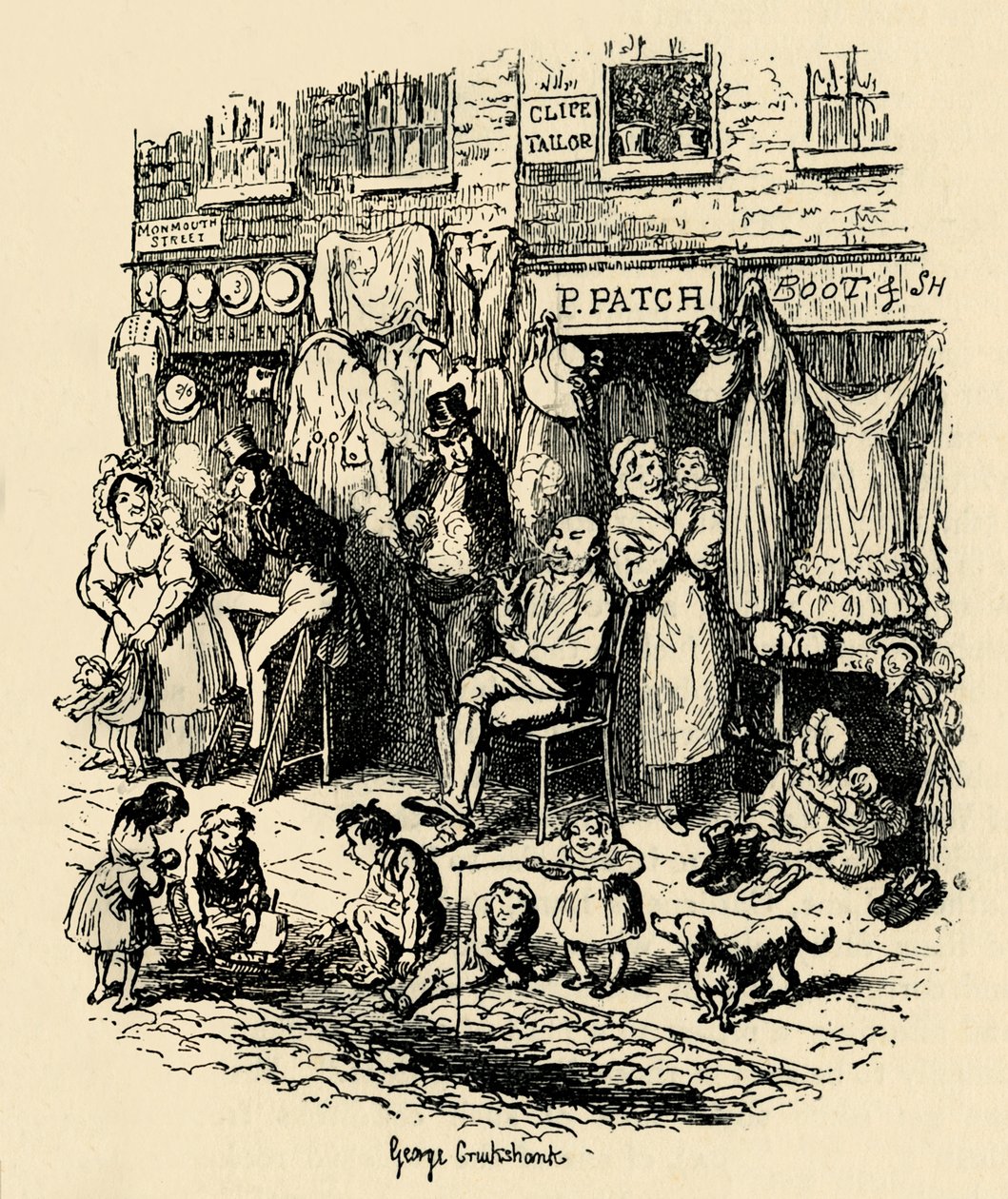 Monmouth Street, Soho, eine Illustration von G. Cruikshank für Dickens Sketches by Boz, 1938 von George Cruikshank