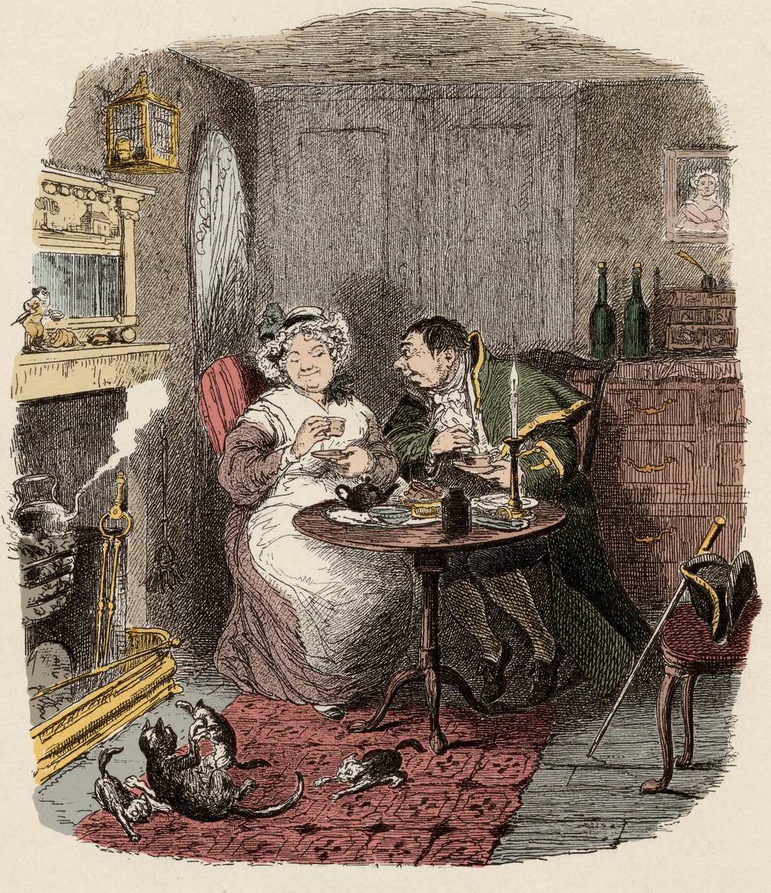 Monsieur Bumble und Madame Corney beim Tee - Illustration für „Oliver Twist“ von Charles Dickens, von George Cruikshank von George Cruikshank