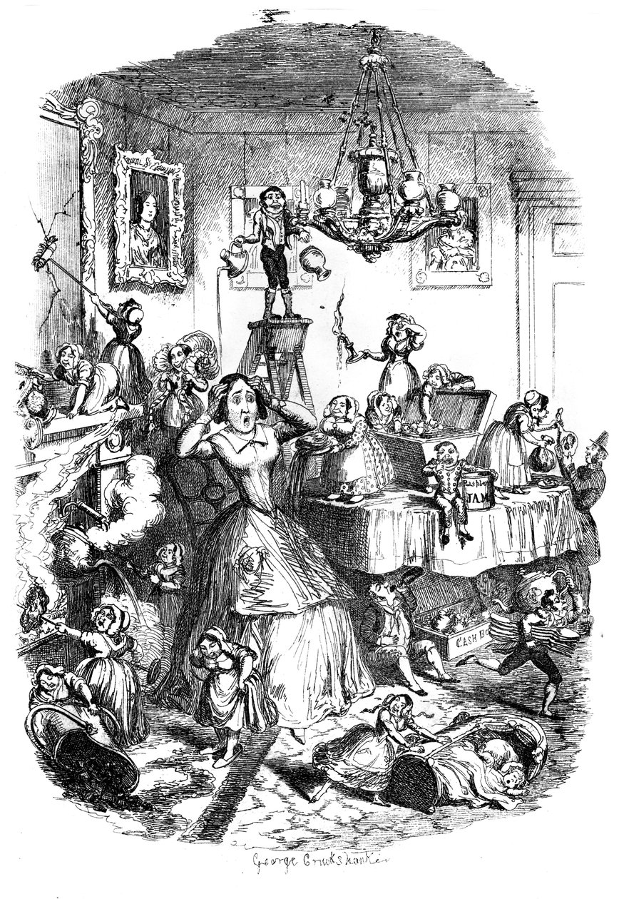 Fast zu Tode besorgt durch die größte Plage des Lebens, um 1840er Jahre von George Cruikshank