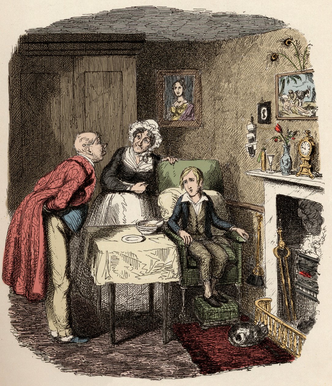 Oliver wird von Mr. Brownlow und seiner Haushälterin Mrs. Bedwin aufgenommen und gepflegt - Oliver erholt sich vom Fieber - Illustration für „Oliver Twist“ (Oliver) (Die Abenteuer von Oliver Twist) von Charles Dickens (1812-1870), von George Cruikshank (17 von George Cruikshank