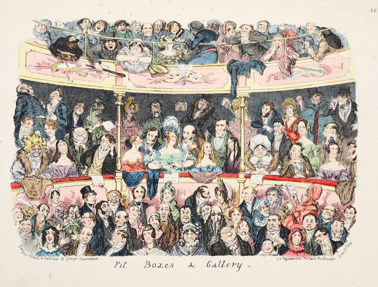 Pit Boxes und Galerie, veröffentlicht 1836 von George Cruikshank