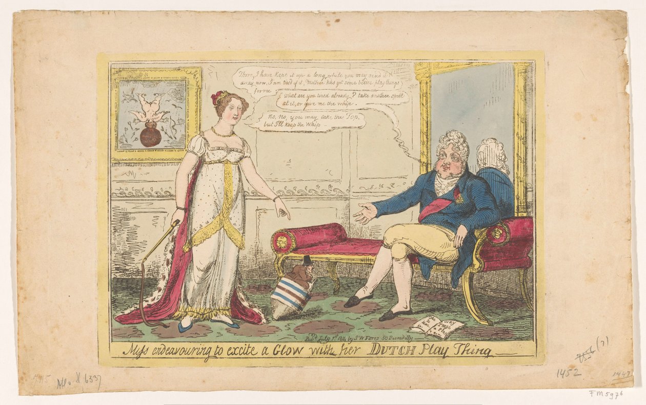 Prinzessin Charlotte spielt mit ihrem holländischen Kreisel, 1814 (Miss endeavouring to excite a Glow with her Dutch Play Thing) von George Cruikshank