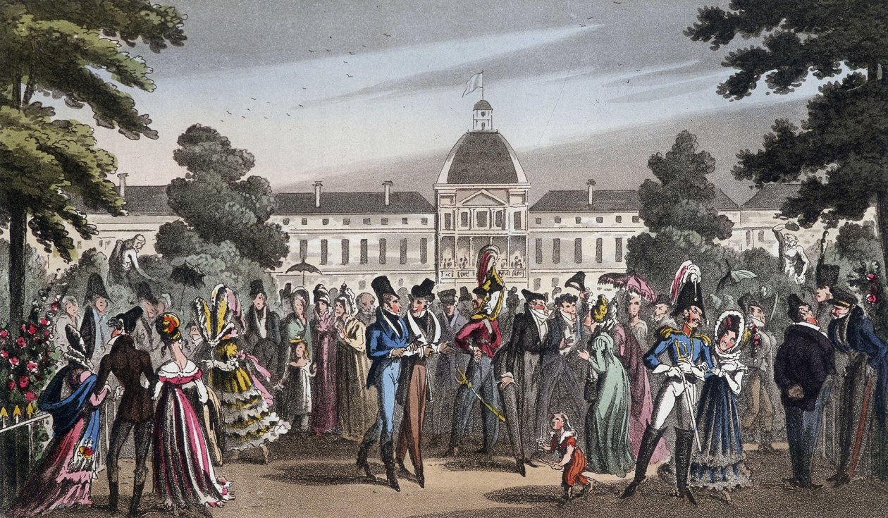 Promenade im Jardin des Tuileries - in "Life in Paris" von David Carey, London von George Cruikshank