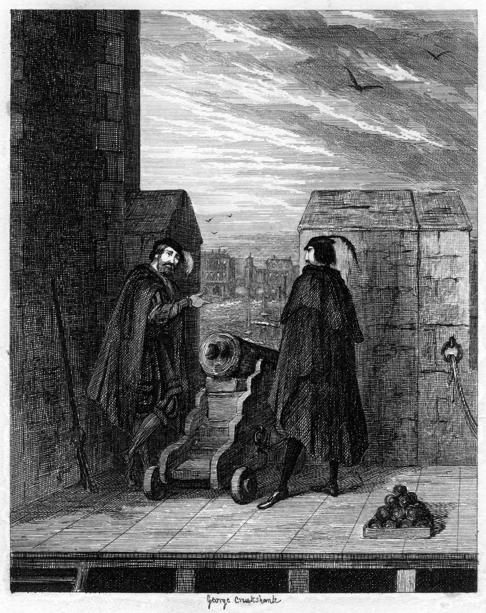 Simon Renard und Winwike der Wächter auf dem Dach des Weißen Turms, 1553, 1840 von George Cruikshank