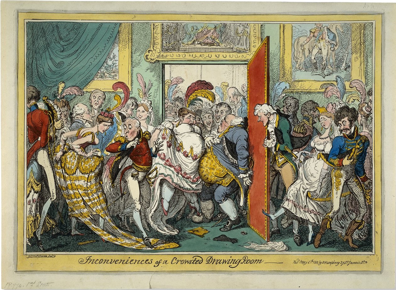 Die Unannehmlichkeiten eines überfüllten Salons, 1818 von George Cruikshank