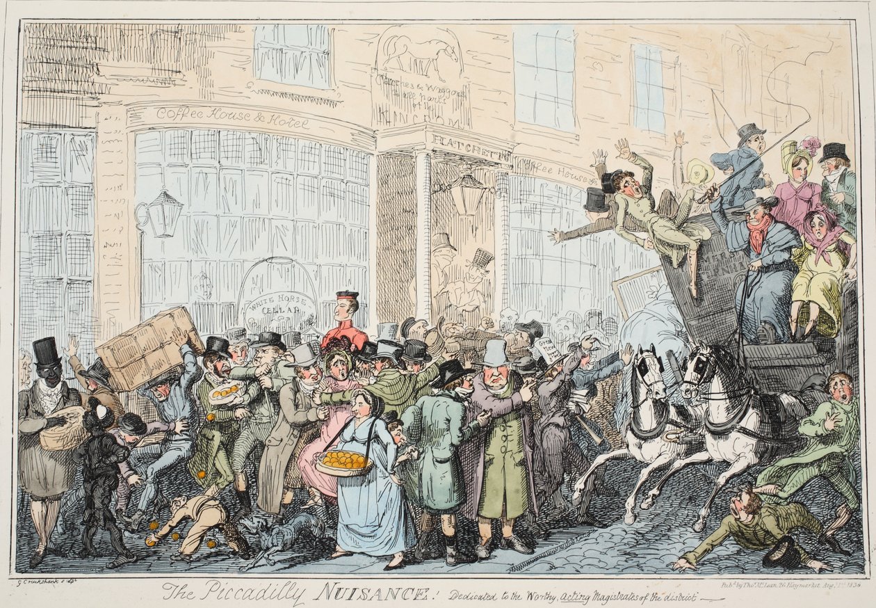 Das Piccadilly-Ärgernis, veröffentlicht 1936 (handkolorierte Gravur) von George Cruikshank