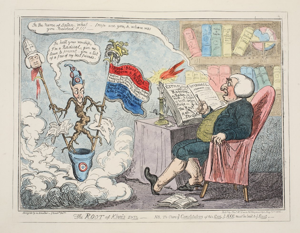 Die Wurzel des königlichen Übels, veröffentlicht 1835 (handkolorierte Gravur) von George Cruikshank
