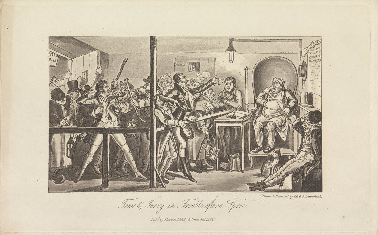 Tom & Jerry in Schwierigkeiten nach einem Gelage von George Cruikshank