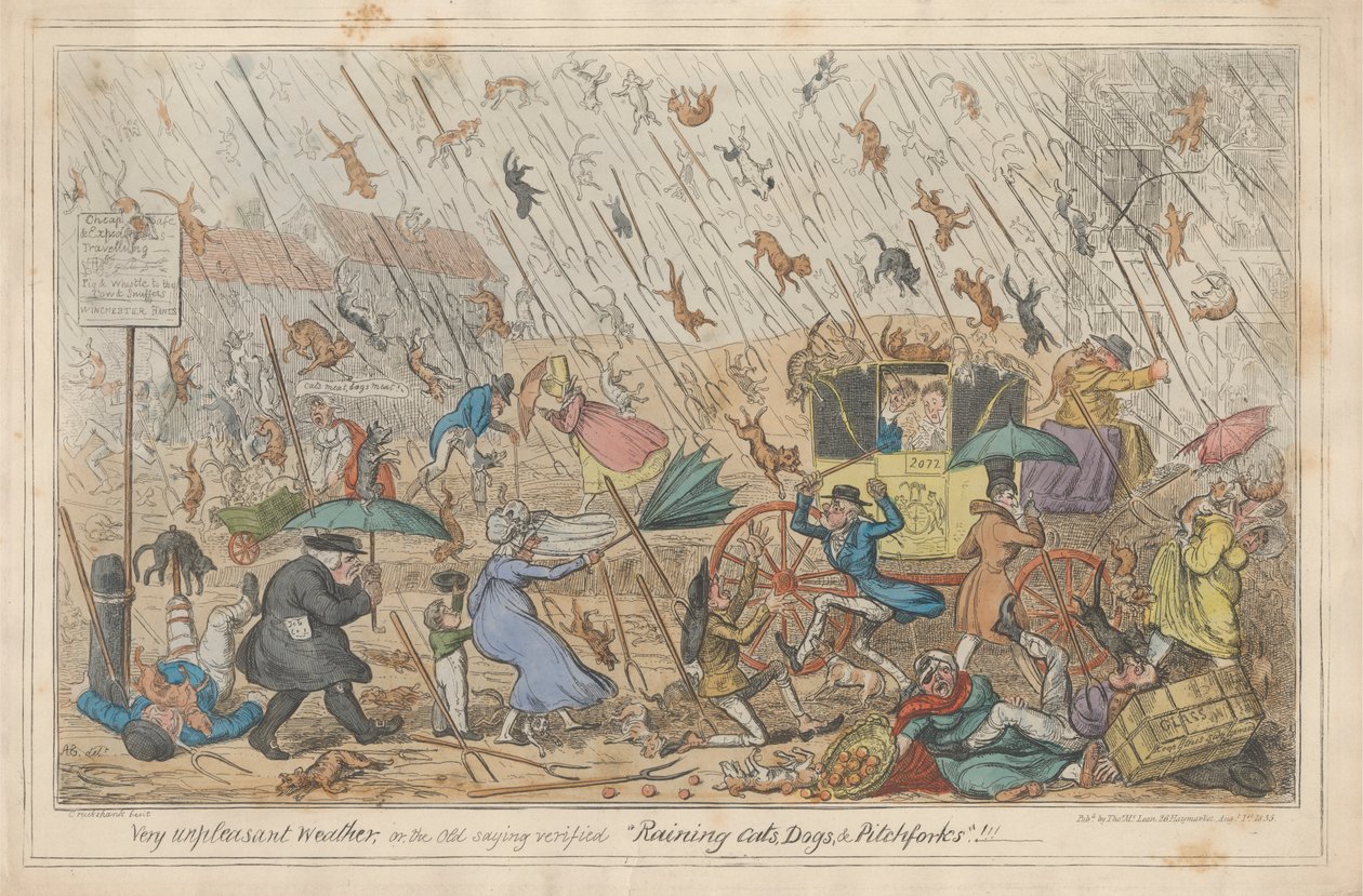 Sehr unangenehmes Wetter oder das alte Sprichwort bestätigt "Es regnet Katzen, Hunde und Mistgabeln."!!! von George Cruikshank