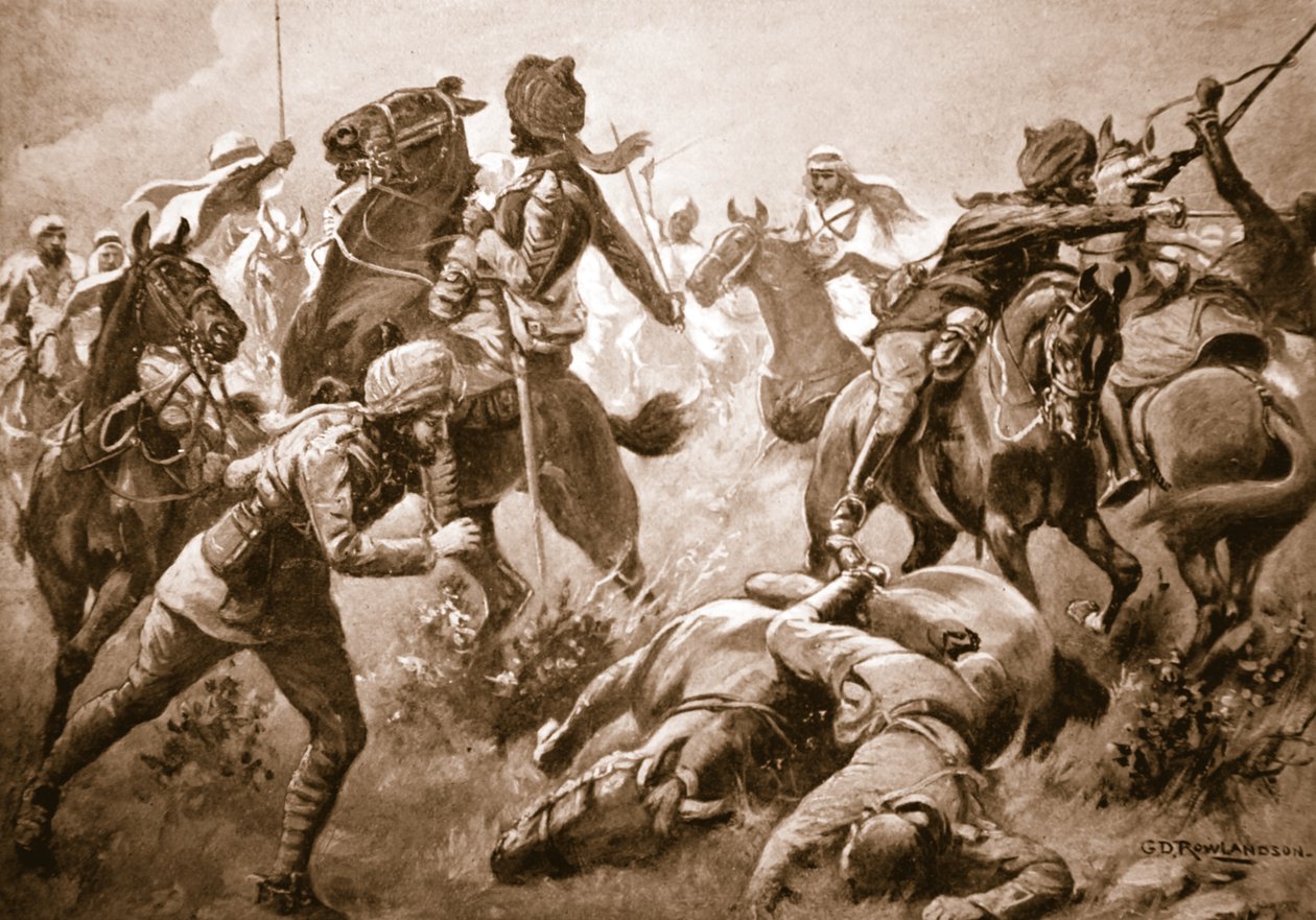 Risaldar Santa Singh, Dafadar Bisham Singh und Sowar Buda Singh brechen durch die Reihen der Araber zur Hilfe von Captain Willoughby von George Derville Rowlandson