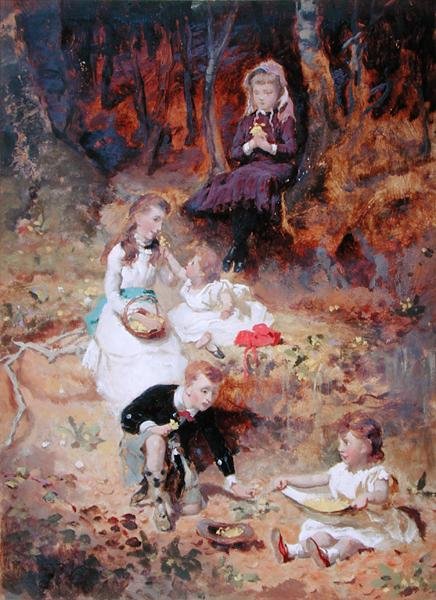 Fünf Kinder spielen im Wald von George Elgar Hicks