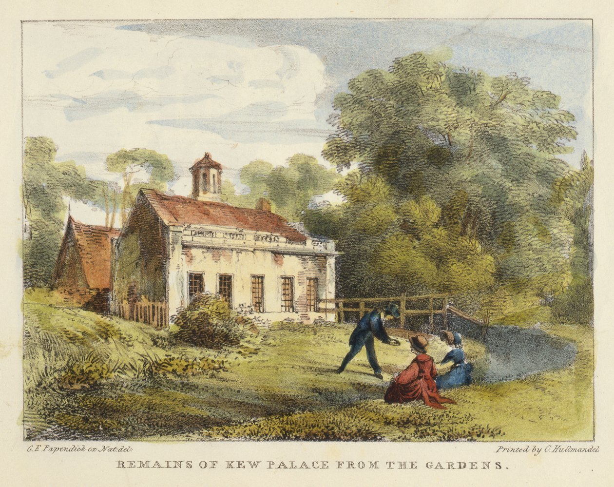 Überreste des Kew Palace aus den Gärten, Tafel 6 aus Kew Gardens: Eine Serie von vierundzwanzig Zeichnungen auf Stein, graviert von Charles Hullmandel, veröffentlicht 1820 von George Ernest after Papendiek