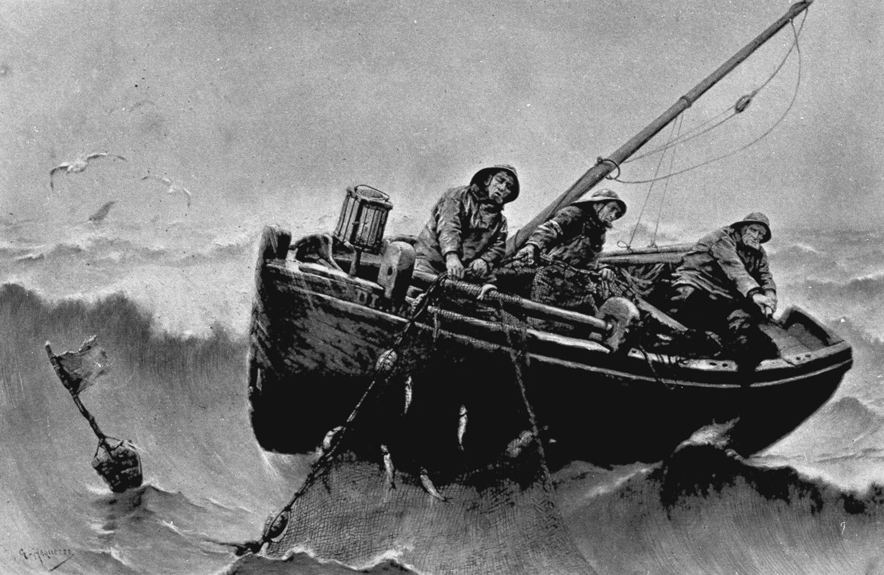 Heringsfischen. Illustration von Georges Jean Marie Haquette (1854 - 1906). Tinte. von George Haquette