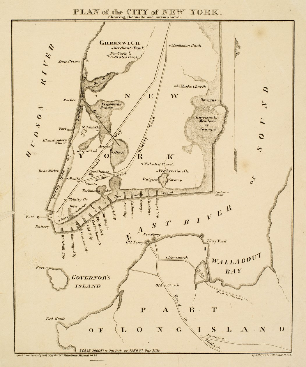Plan der Stadt New York, der das angelegte und sumpfige Land zeigt, 1856