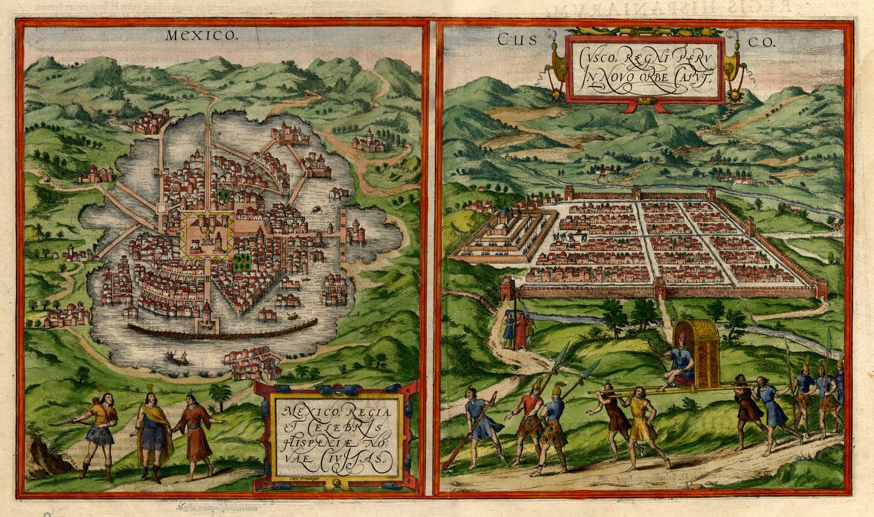Ansichten von Mexiko-Stadt (ehemals Tenochtitlán) und Cusco von George & Hogenberg Frans & Pinet Antoine du Braun