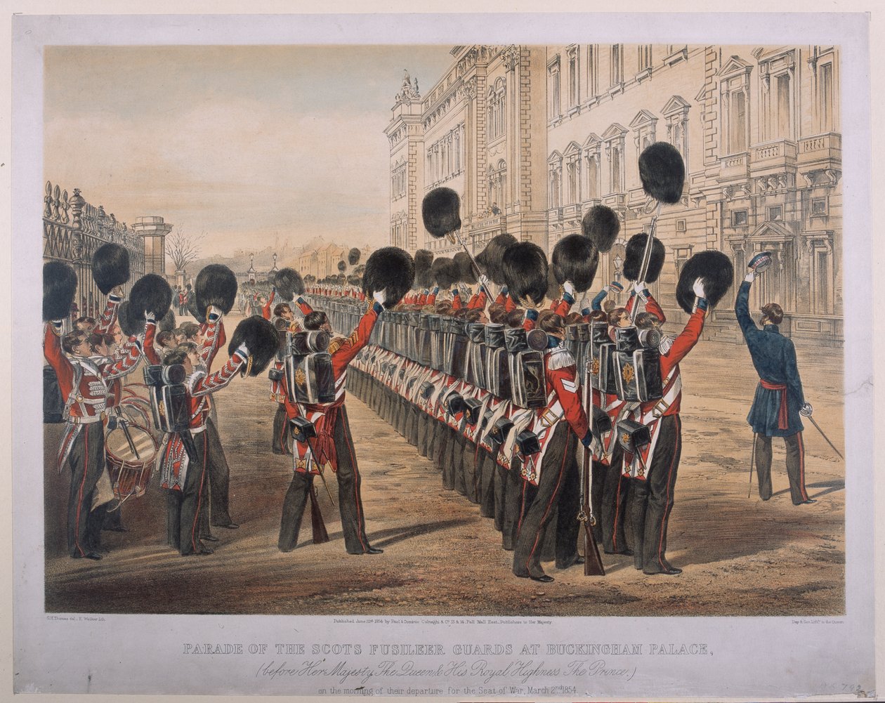 Parade der Scots Fusilier Guards am Buckingham Palace am Morgen ihrer Abreise zum Kriegsschauplatz, 2. März 1854, graviert von E. Walker, veröffentlicht von Colnaghi und Co., 1854 von George Housman Thomas