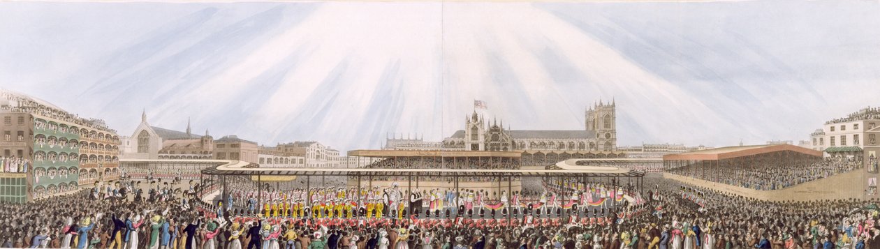 Ansicht der Krönungsprozession von König George IV vom Westminster Hall zur Abtei, 19. Juli 1821 von George Humphrey