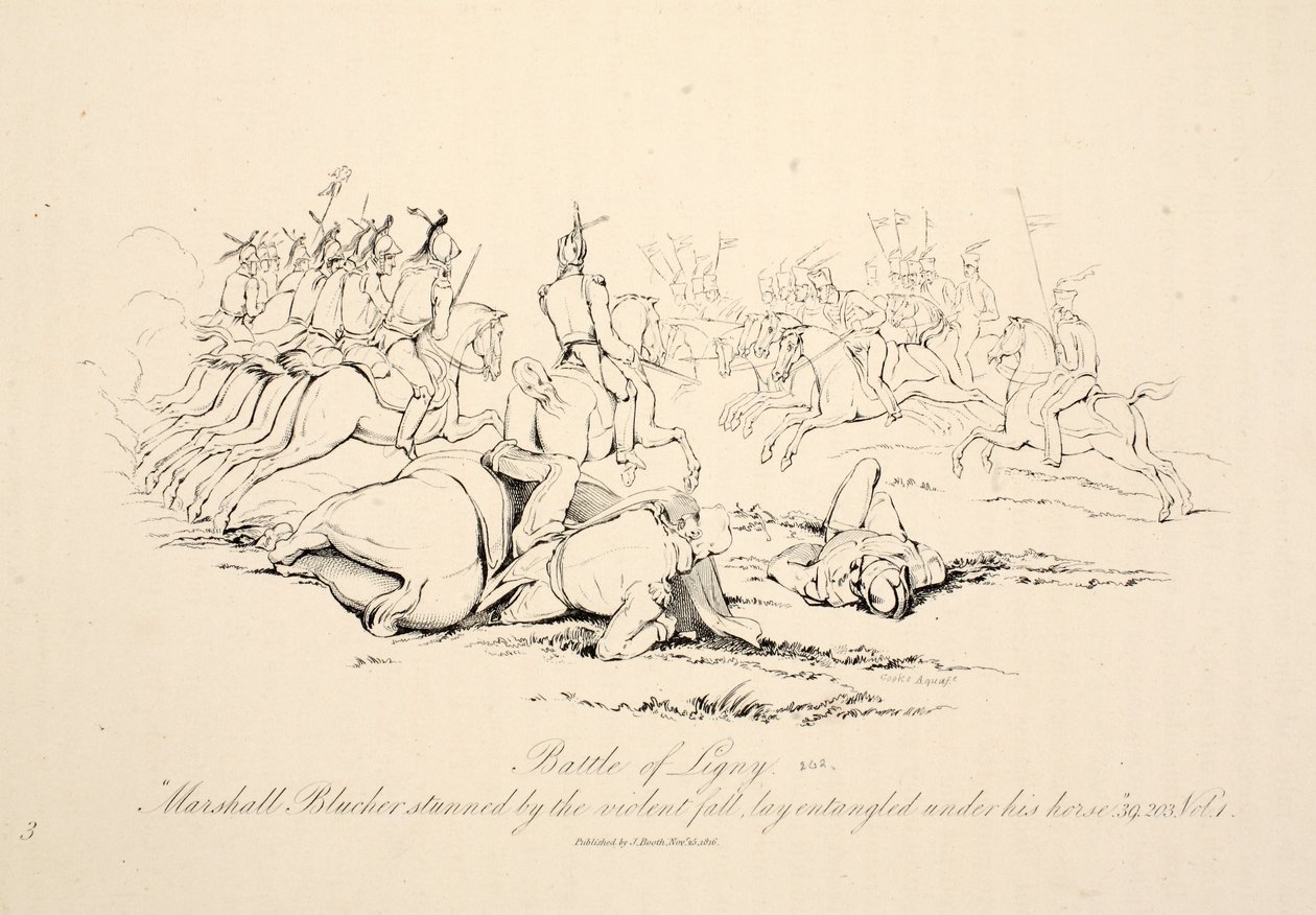 Schlacht von Ligny: Marschall Blücher betäubt durch den heftigen Sturz unter seinem Pferd, veröffentlicht von J. Booth, 1816 von George Jones
