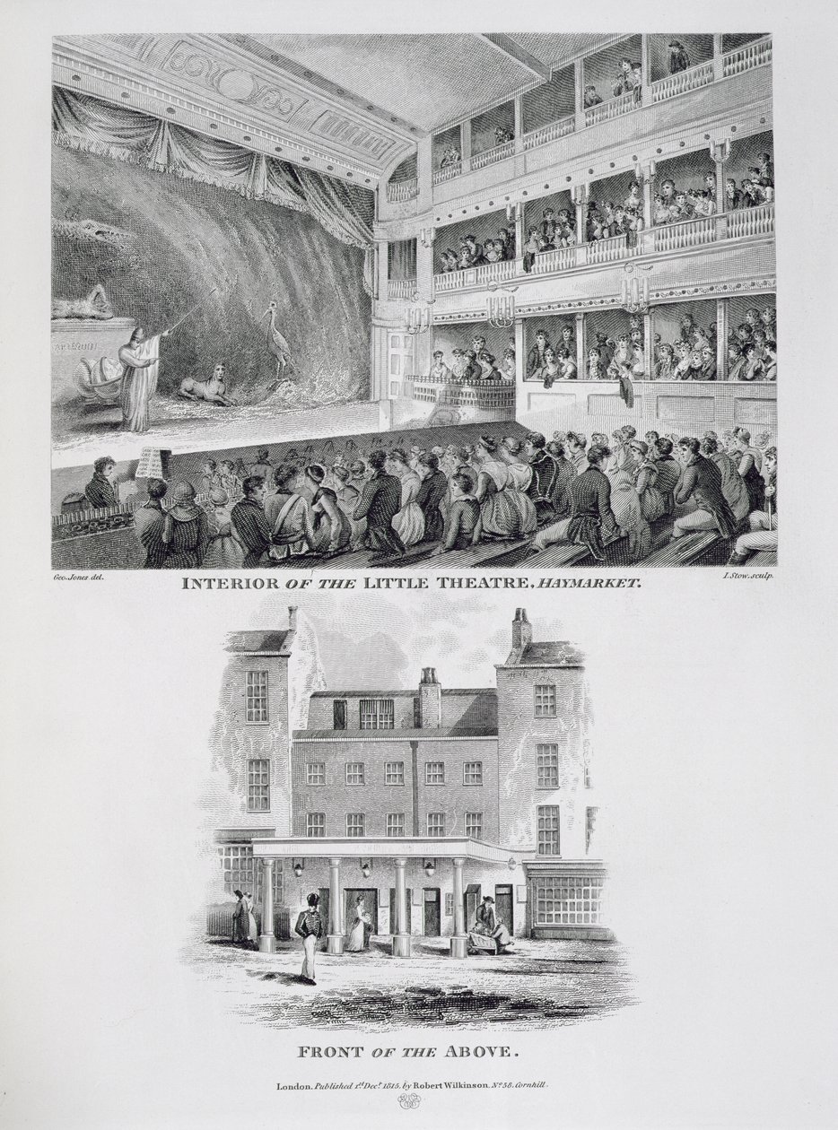 Innenraum des Little Theatre, Haymarket in London und die Front des Obigen, graviert von James Stow, 1815 von George Jones