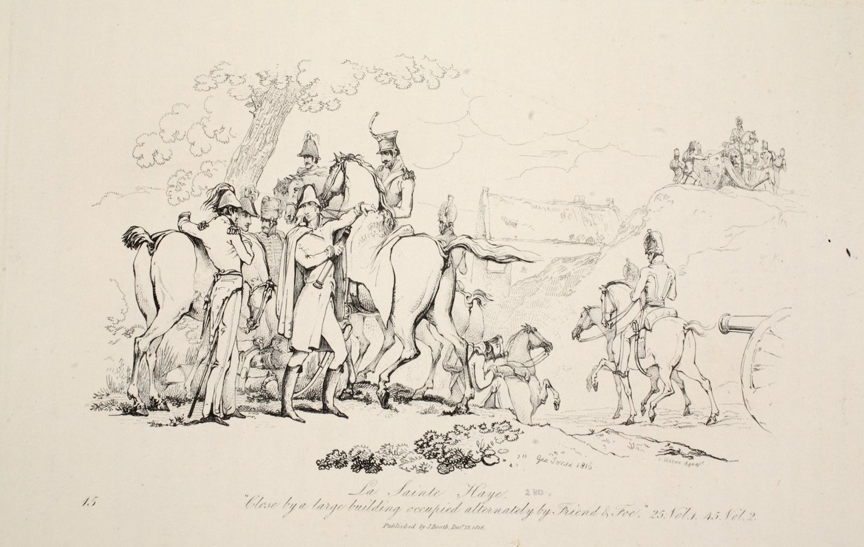 La Sainte Haye: In der Nähe eines großen Gebäudes, das abwechselnd von Freund und Feind besetzt wird, veröffentlicht von J. Booth, 1816 von George Jones