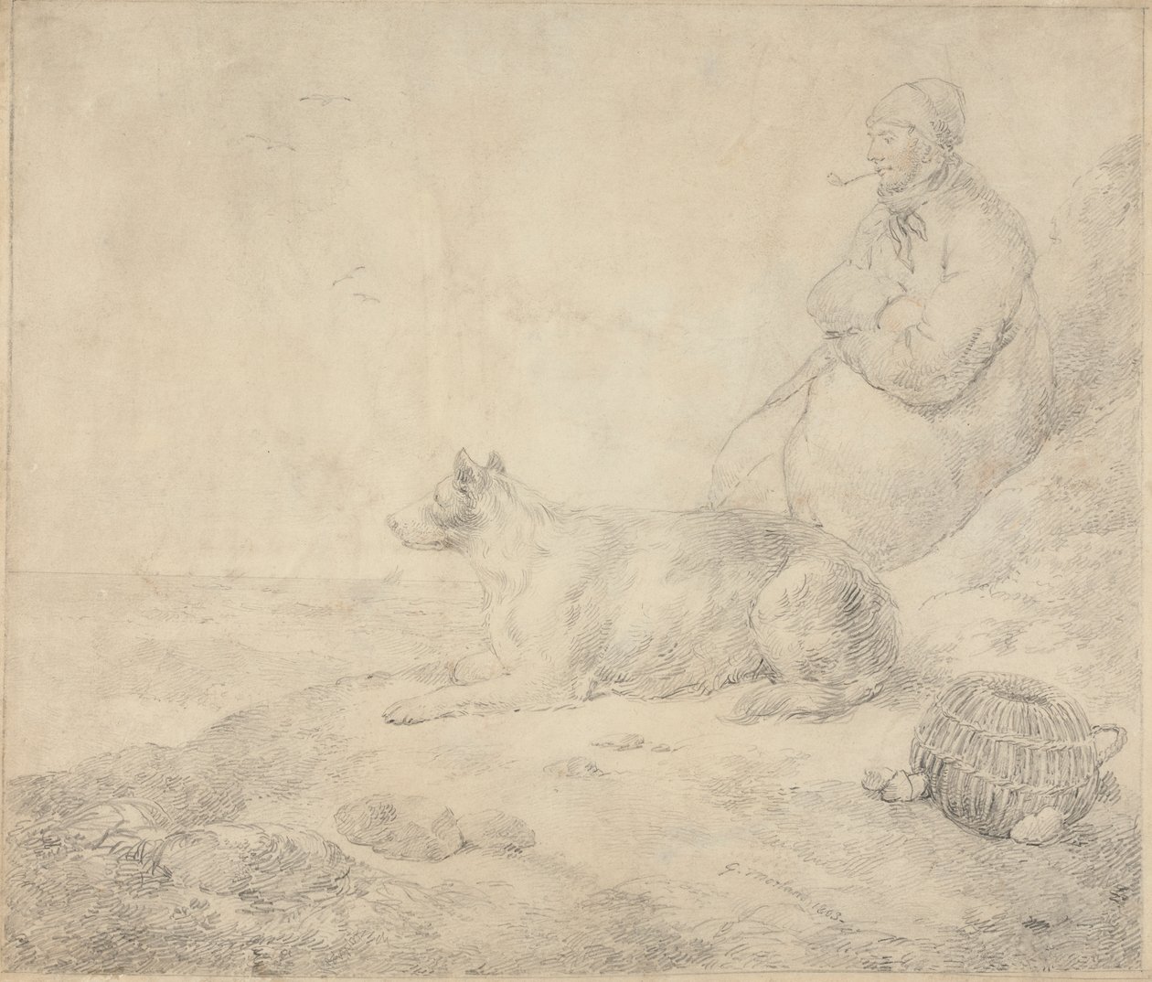 Fischer und Hund sitzen an der Küste von George Morland