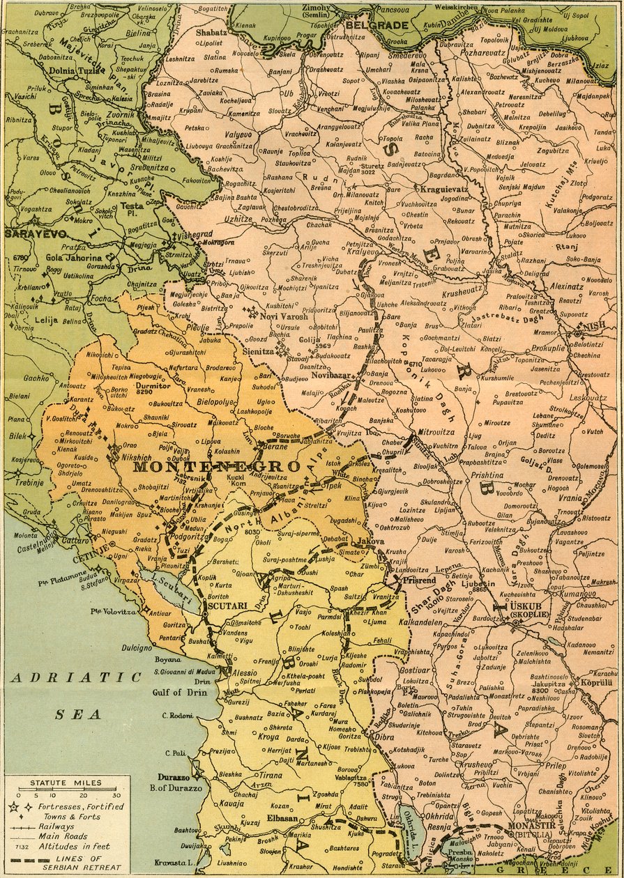 Karte zur Veranschaulichung des serbischen Rückzugs, 1919 von George Philip and Son Ltd