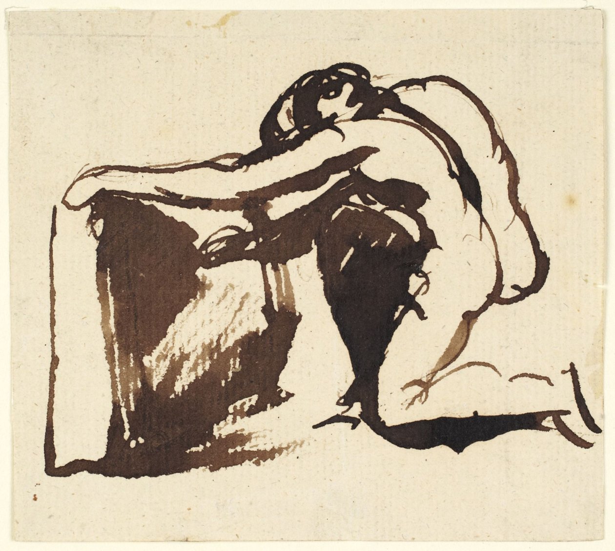 Kniende nackte Figur, die auf eine große Tafel schreibt von George Romney