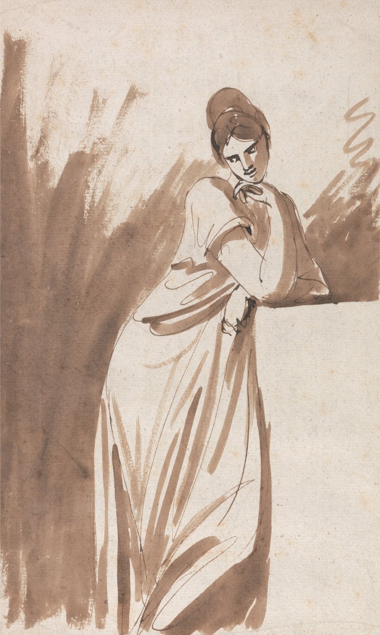 Dame lehnt an einer Säule - (Möglicherweise eine Skizze für Miss Woodley) von George Romney